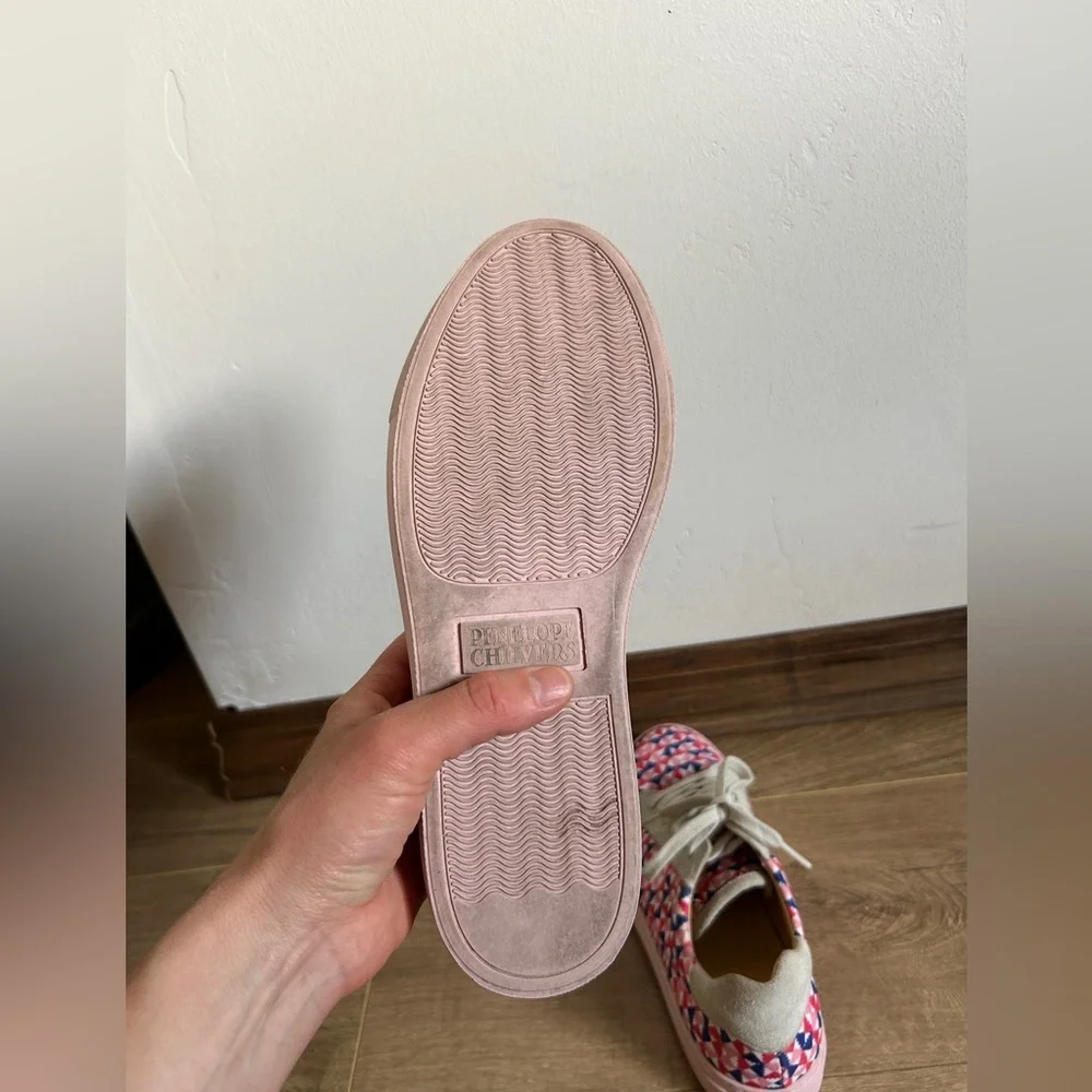 Penelope Chilvers Sneakers pink, blue, and white geometric pattern